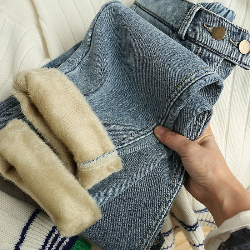 2020 years High waist display slim foot pencil pants with velvet light color jeans children Winter 150 small subwear