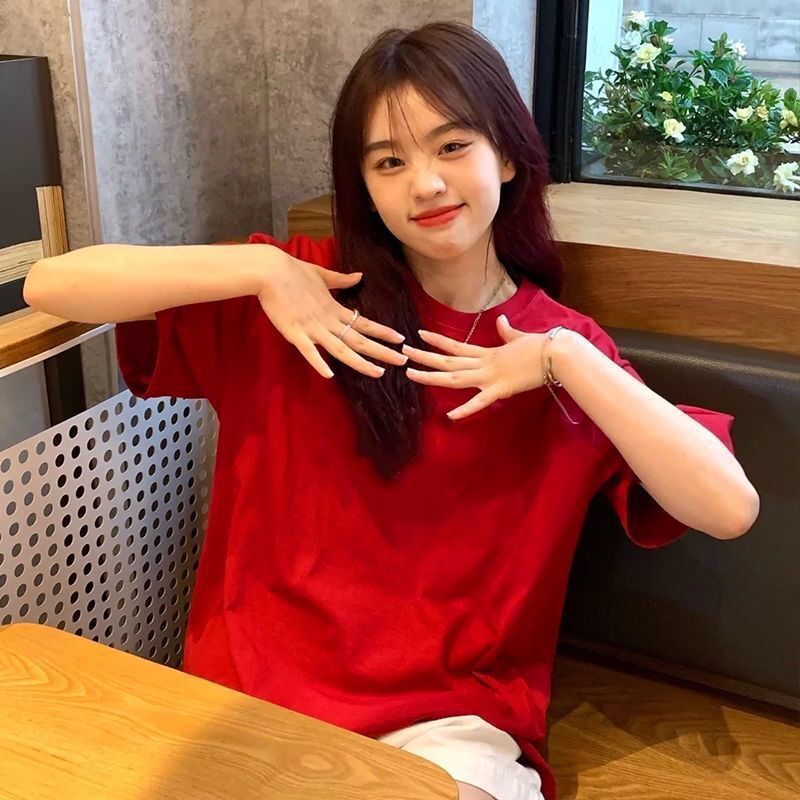100% Pure Cotton Retro Loose Festive Bright Red T-Shirt for Women, Summer Student Casual Short-Sleeve Top, Trendy ins 100% Pure Cotton Retro Loose Festive Bright Red T-Shirt for Women, Summer Student Casual Short-Sleeve Top, Trendy ins
