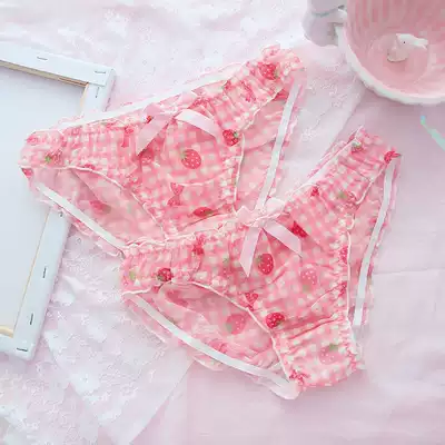 Strawberry Plaid underwear Japanese cute cute low waist soft girl fat girl heart breathable sexy student panties