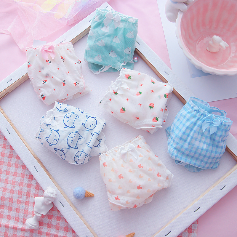 Girl heart cute soft sister strawberry fat black plaid cute sweet low waist mesh breathable thin section women's underwear