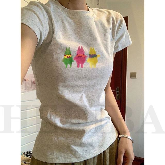 Pure cotton gray slim round neck short-sleeved right shoulder T-shirt for women summer tight slimming bottoming shirt hot girl versatile top