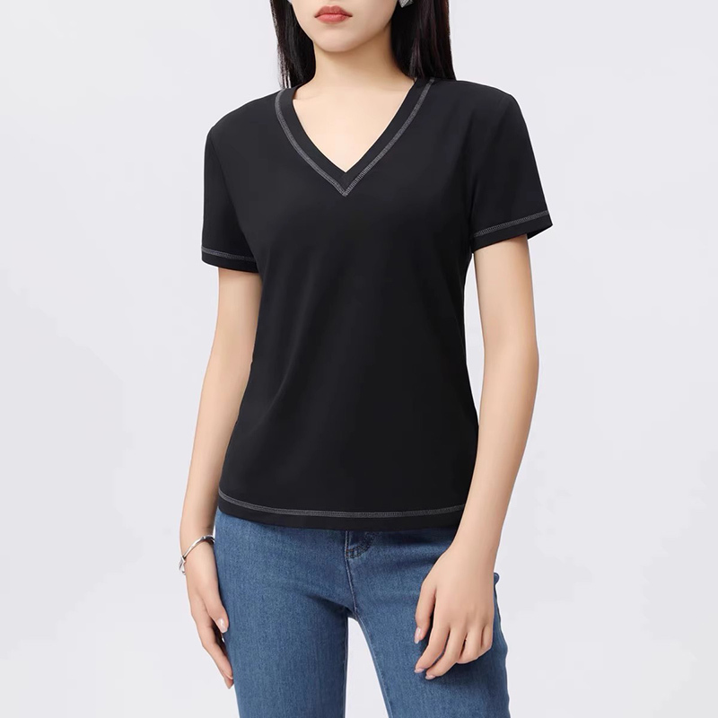 Ama's 26 Spring/Summer New Collection Simple and Versatile Exposed Seam V-Neck Short-Sleeve T-Shirt Top for Women 5301024