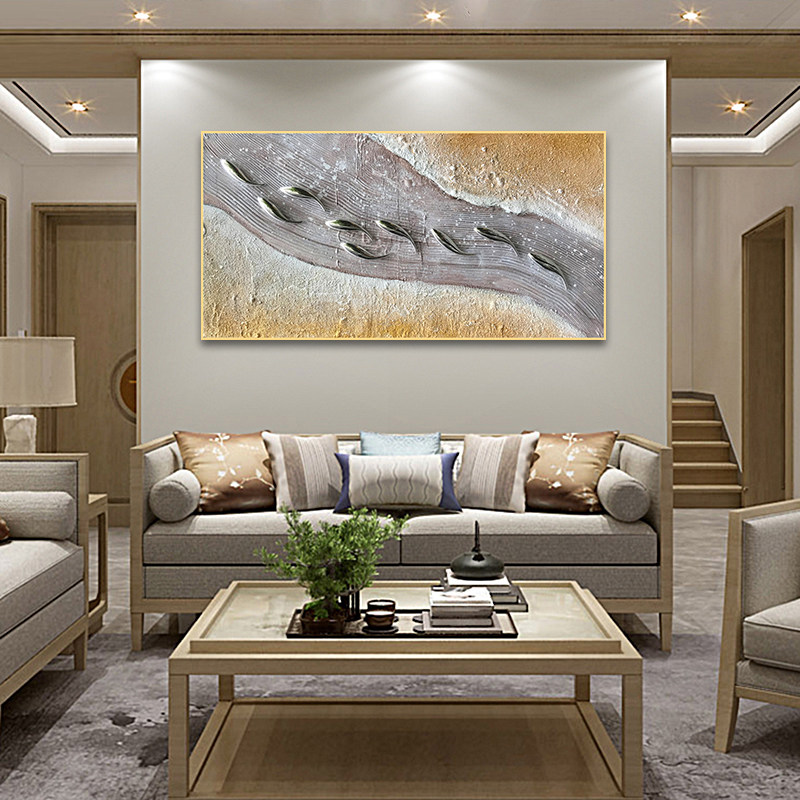 Light luxury nine fish map porch decoration painting pure hand-painted model room oil painting new Chinese living room sofa background wall painting