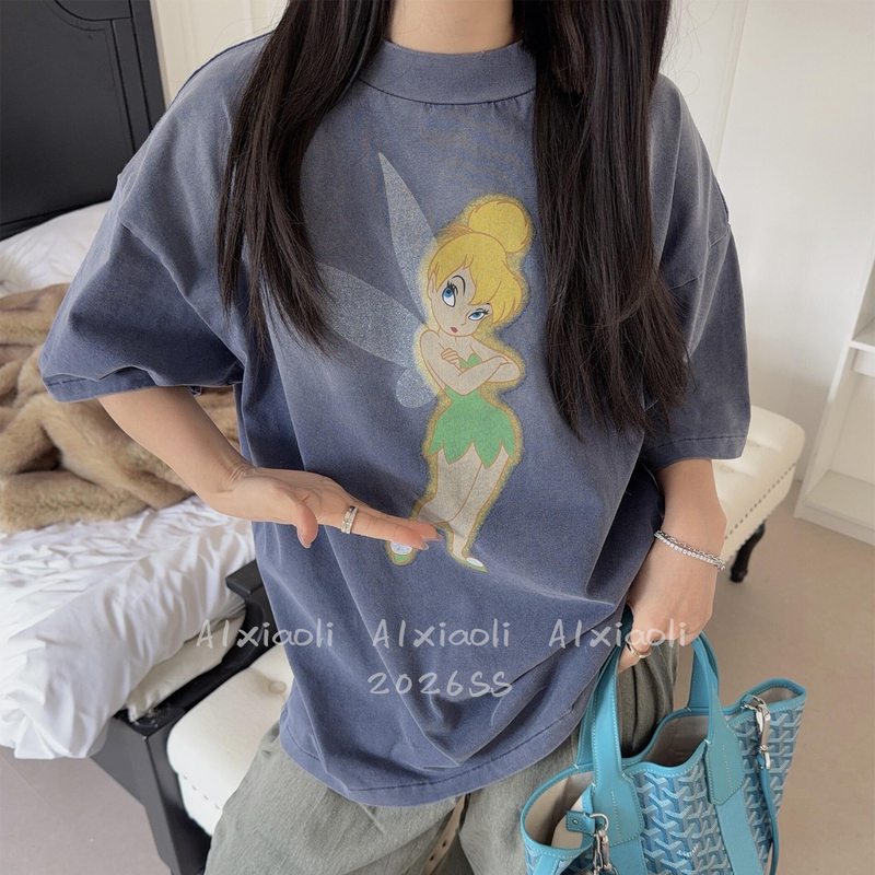 【A1Xiao】Nanyou Jennie Style Washed and Distressed Glitter Matte Elf Print Short-Sleeve T-Shirt for Women