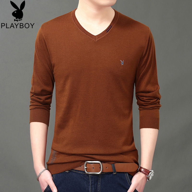 Playboy mùa xuân mỏng knitsweater nam cổ chữ V đáy-up rắn màu áo len áo len dài tay áo T-shirt của nam giới.