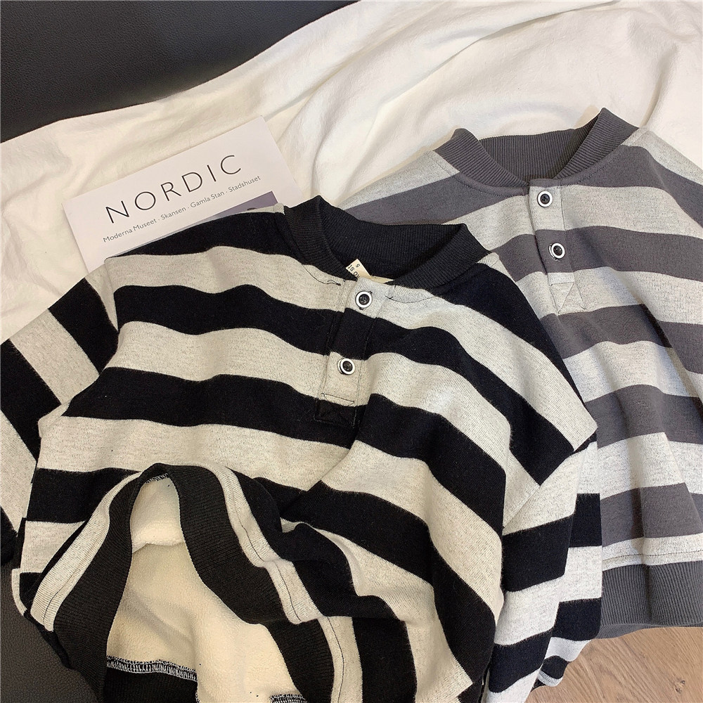 Boys' fleece sweater children's autumn and winter Korean fan children's clothing 2022 new baby winter clothing one velvet striped top