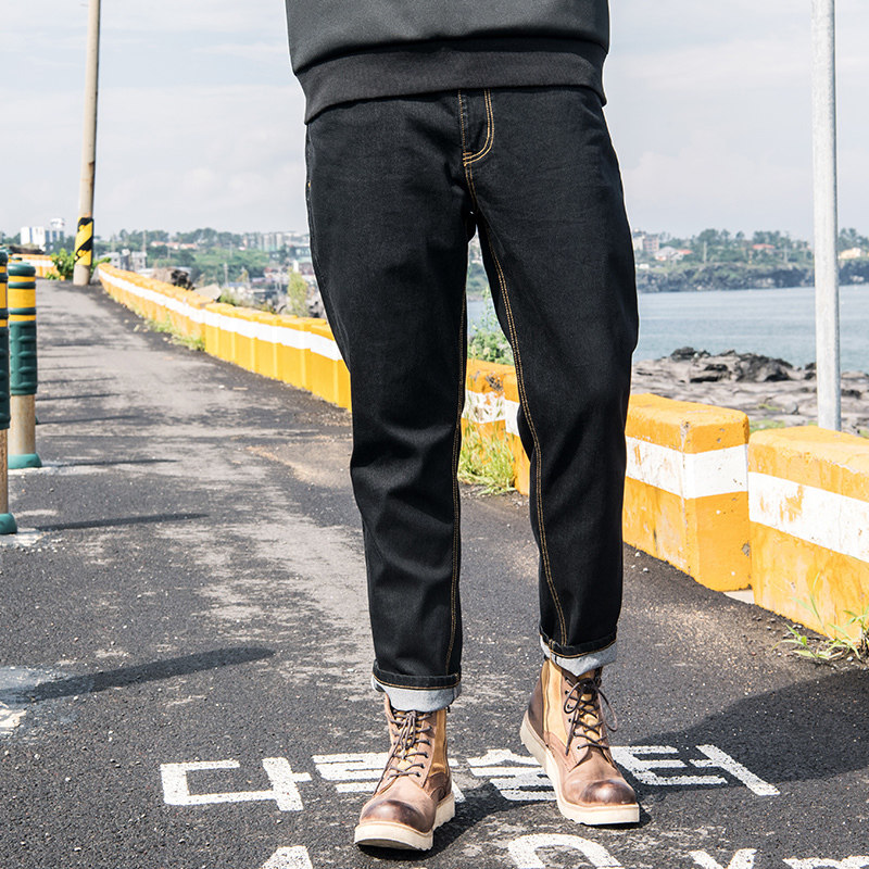 Large size men's clothing plus fat increase trend jeans autumn and winter loose fat small straight solid color elastic casual pants