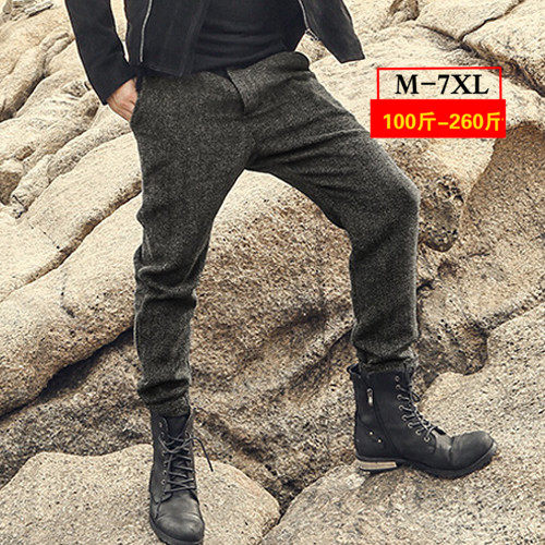 Autumn and winter texture herringbone pattern woolen men's trend casual trousers European and American retro large size slim trousers