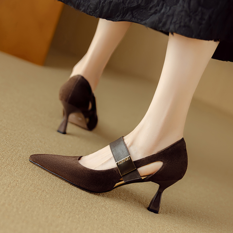 French-Style Frosted Genuine Leather Hollow-Out Shallow High-Heeled Shoes for Women, New Spring/Summer Pointed Toe Stiletto Strap Sandals with Closed Toe