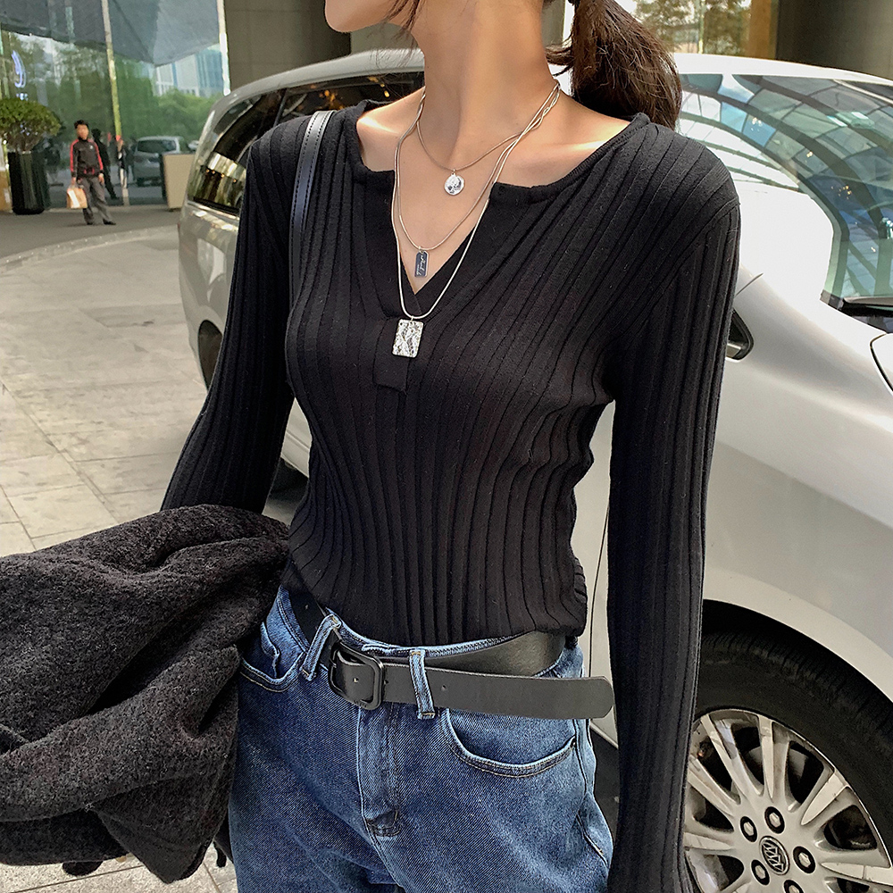 Crystal lord hit bottom-knitted sweatshirt women's spring V collar foreign pie in a slim fit lap 2021 new Korean version