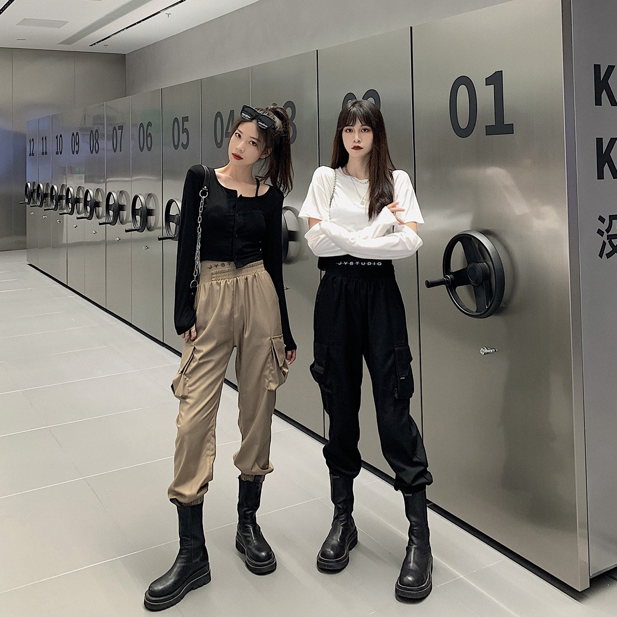 Jing Ye overalls women high waist thin loose bf tide handsome straight casual spring and autumn letter waist nine-point bundle leg pants