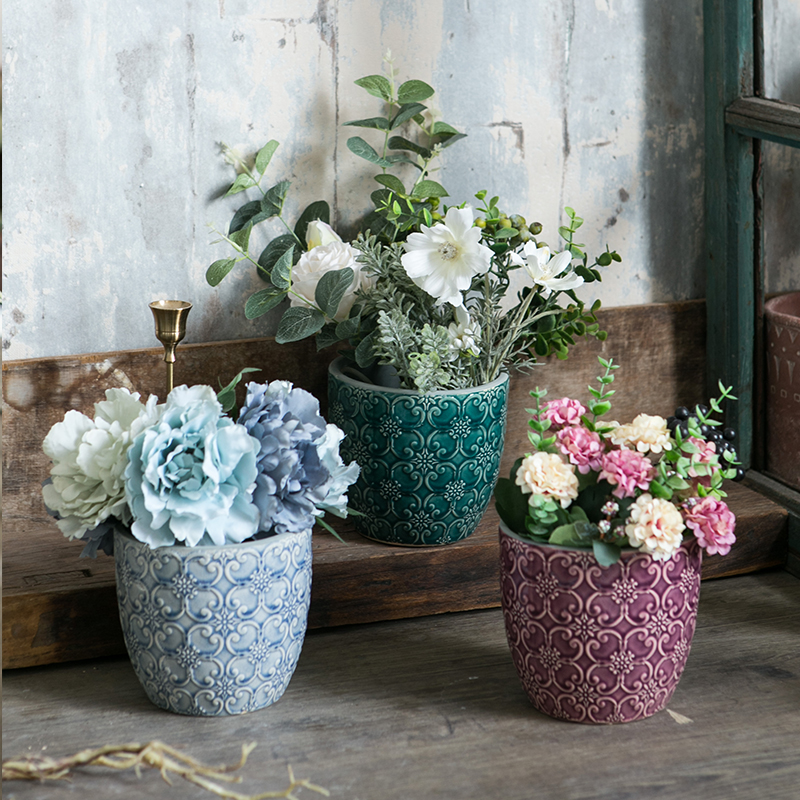 MimiHome Mud Paint Home Foreign Trade Flower Pot Export Nordic Tail Single Ceramic Retro Embossed Ice Cracked Green Planter