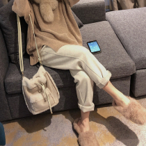 Qiao Meixi Pregnant wool casual pants belly plus velvet pants Loose winter Korean version of high-end granny pants straight pants