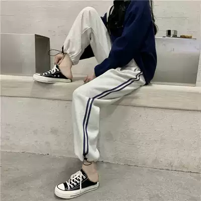 (Qiao Meixi) pregnant pants spring and autumn two bars loose foreign sports thick cotton pants wide legs