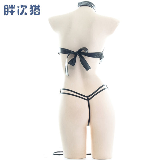 Traction leather bondage bikini one-piece sexy patent leather three-point underwear pajamas home clothes