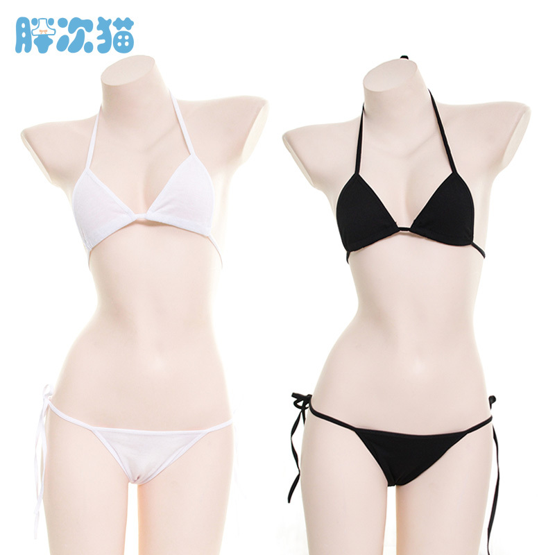 Three-Point Lace-Up Bikini Set Pure White Japanese Style Girl's Lingerie Tie-Up Sleepwear