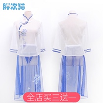 Provocative index five stars Republic of China style blue and white cheongsam nightgown sexy mesh underwear classical pajamas home clothes