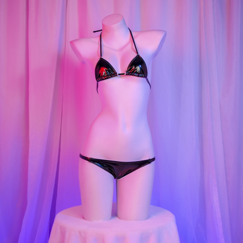High-Quality Leather Mini Bikini, Low-Waist Three-Point Lingerie, Two-Dimensional Private Room Sexy Patent Leather Pajamas