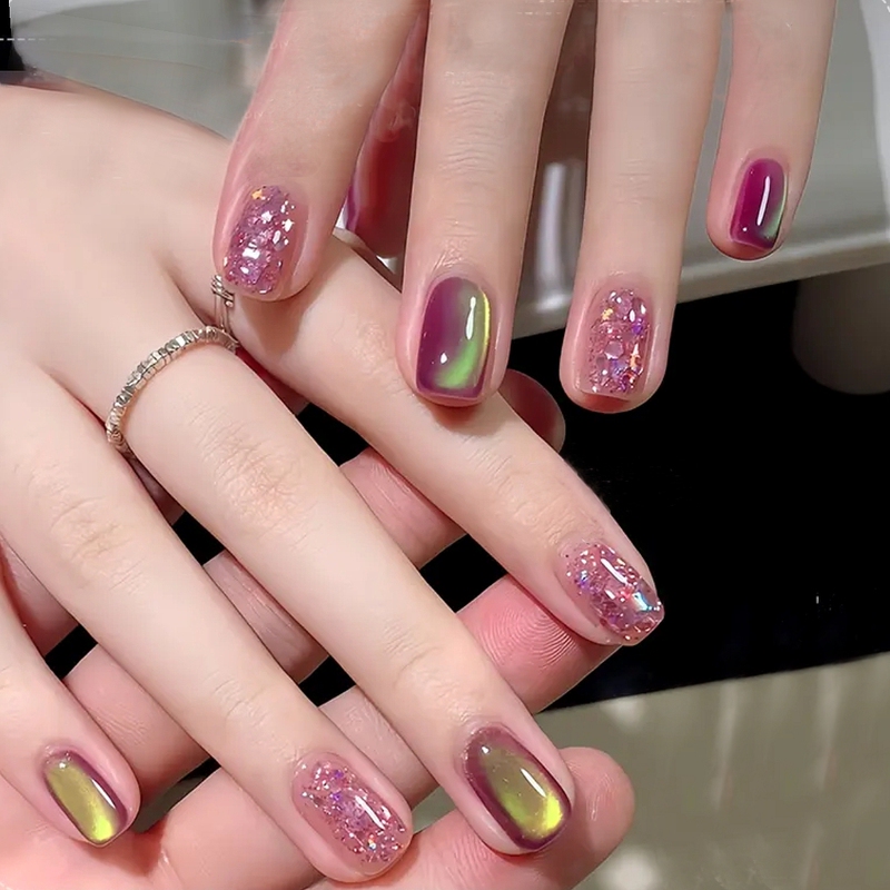 Whitening Cat-Eye Handmade Press-On Nails, Green Grape Purple Strawberry Crushed Ice Nail Art Finished Product, Short Style, Summer Dazzling Sparkle
