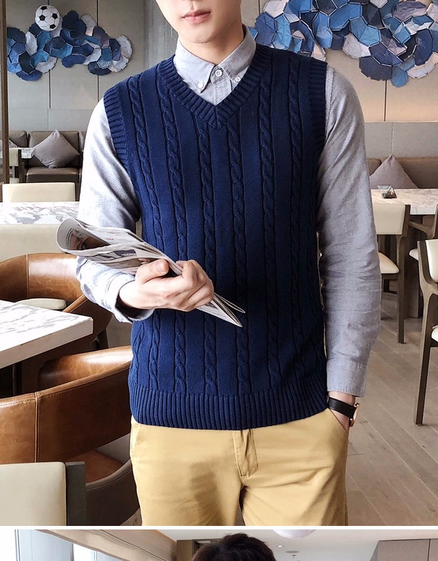 Mùa thu đông nam vest len ​​cổ chữ V phiên bản Hàn Quốc của áo len không tay vest vest cotton cotton đan vest áo ba lỗ gym