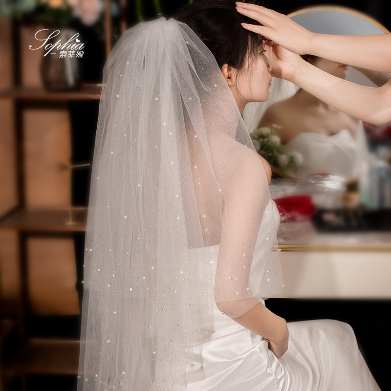 Fine Flash Head Yarn Method Coursemarriage Wedding head Accessories Ultra Fairy's Brigade Photographed Double Mid-Length bridal Staple Wedding Dress-Taobao