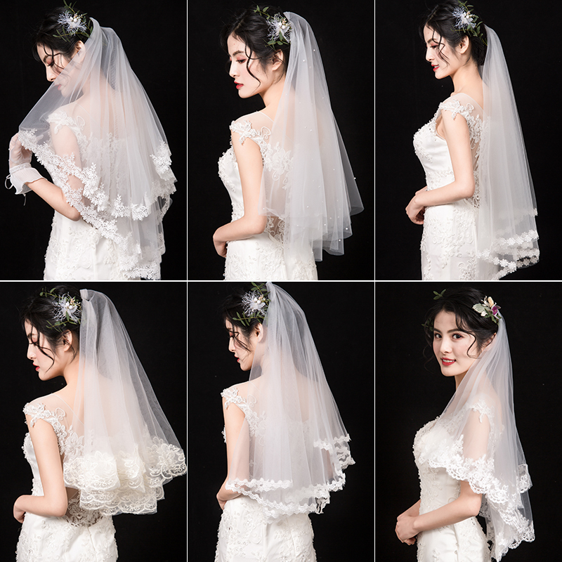 Veil, Bride's Main Wedding Dress, Headpiece, Super Fairy-Like Style, Wedding Head Covering, Pearl Short Style, Small Props for Photography, Simple Lace