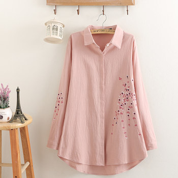 Spring and autumn large size women's clothing 2023 fat mm spring cotton and linen shirt women's loose large size long-sleeved embroidered shirt mid-length