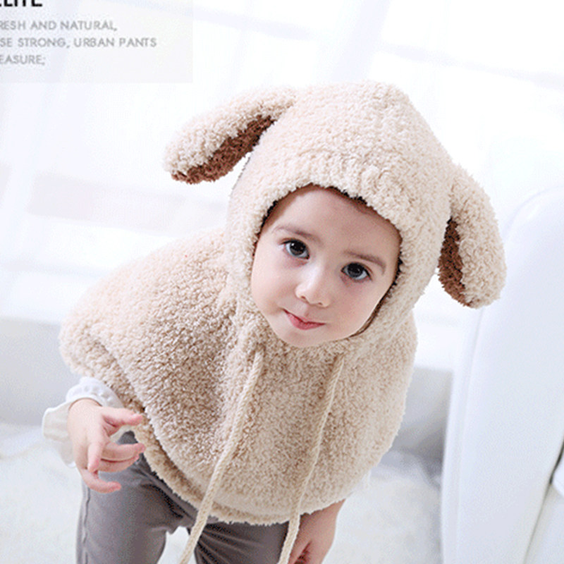 Korean baby girl hat one-piece hat autumn and winter plush hat plus Velvet girl cute baby toddler ear cap Princess