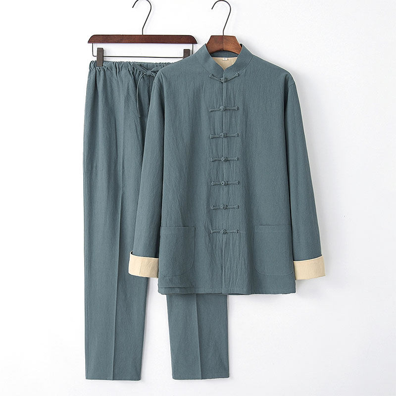 Tang suit for young men Long sleeve suit for the elderly Spring and autumn linen jacket for the elderly Chinese style Han suit for men ancient style lay clothes