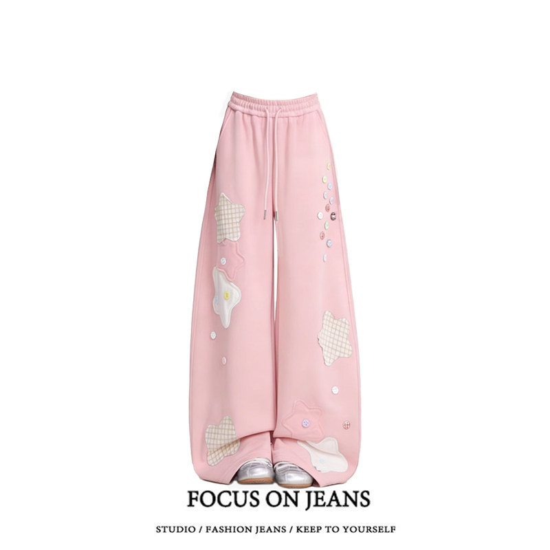 Pink Star Patch Colorful Button Casual Pants Women's 2026 Spring New Loose Sweatpants Wide-Leg Pants Pink Star Patch Colorful Button Casual Pants Women's 2026 Spring New Loose Sweatpants Wide-Leg Pants