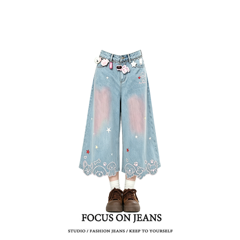 Gorgeous Star Animal Embroidered Denim Capri Pants for Women, 2026 Summer New Style, Tie-Dye Niche Shorts