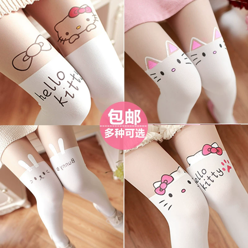 Nhật Bản vớ lolita mèo thỏ hello kitty mèo chân in màu da trắng khâu quần tất - Vớ sợi tre