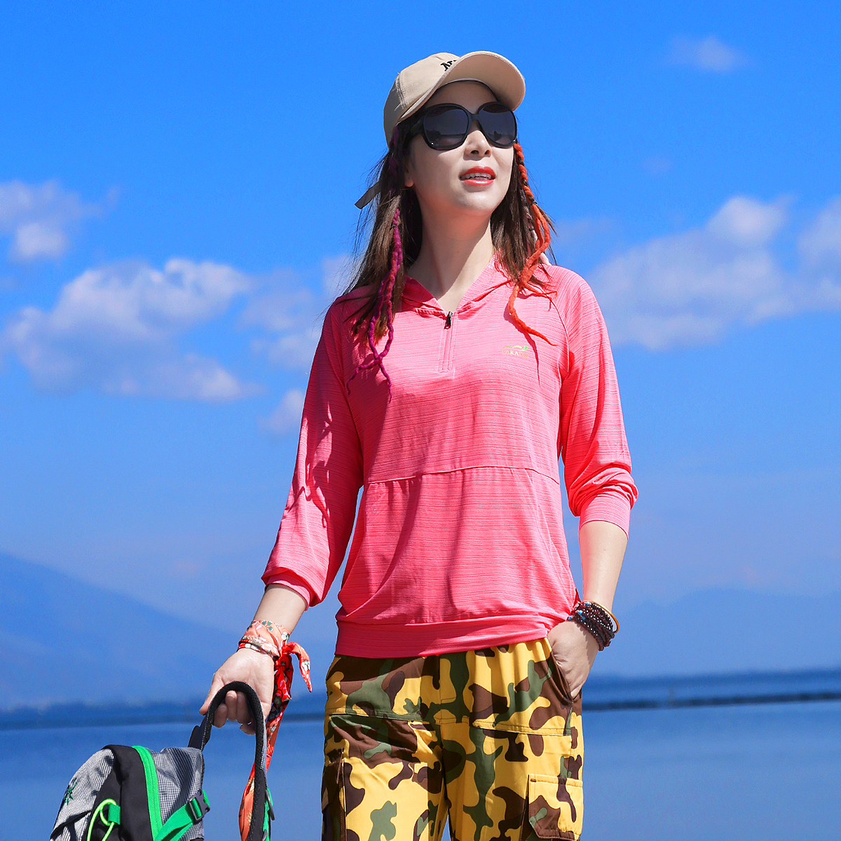Xueqiu Island outdoor summer new hooded striped quick-drying breathable elastic long-sleeved casual T-shirt mountaineering hiking women