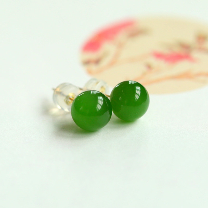 Natural and Tian Yubei jade ear needle 18K gold inlay female style 8MM round pearl half-hole, gift positive color oil moisturizing ear decoration