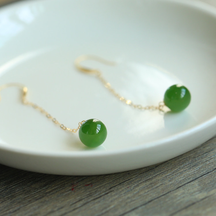 Natural and Athleta jade Jade Round Pearl Pendant High Ice Yang Green 18K Gold Studded Female Style Section 8MM Ear Hook Earrings Ornament