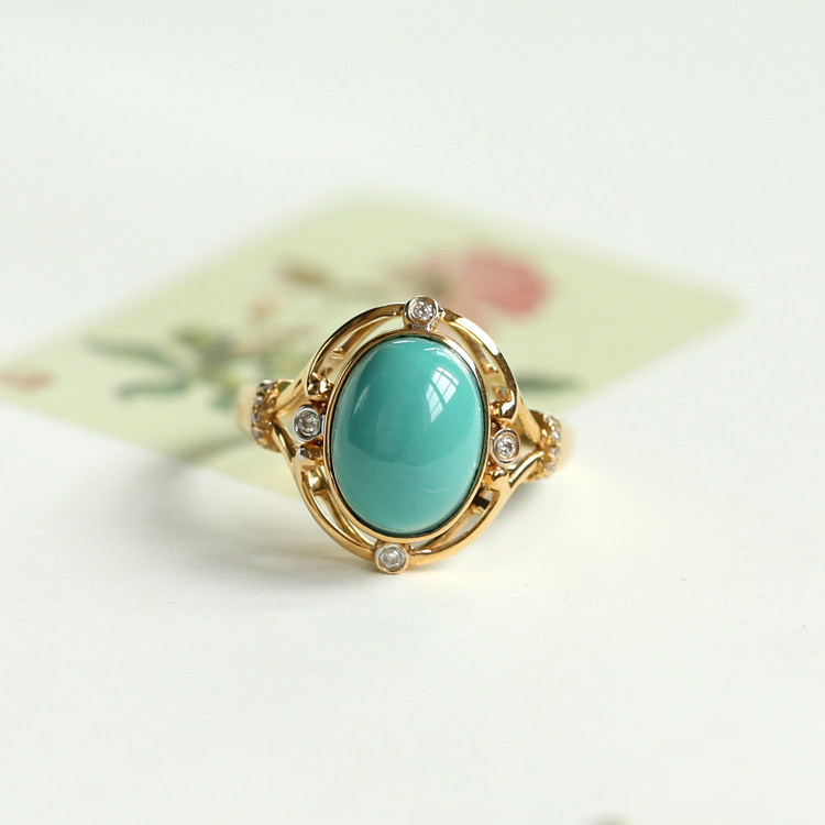 Natural Raw Ore High Porcelain Turquoise Ring 18K Gold Women's Diamond Inlaid Fashion Jewelry