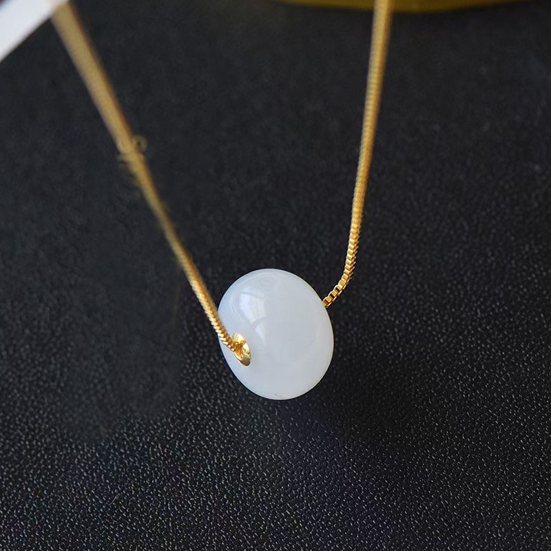 Natural Hetian Jade Pendant Women's Safe Buckle Thickened Baguette 18K Gold Inlaid Clavicle Chain Simple Pendant
