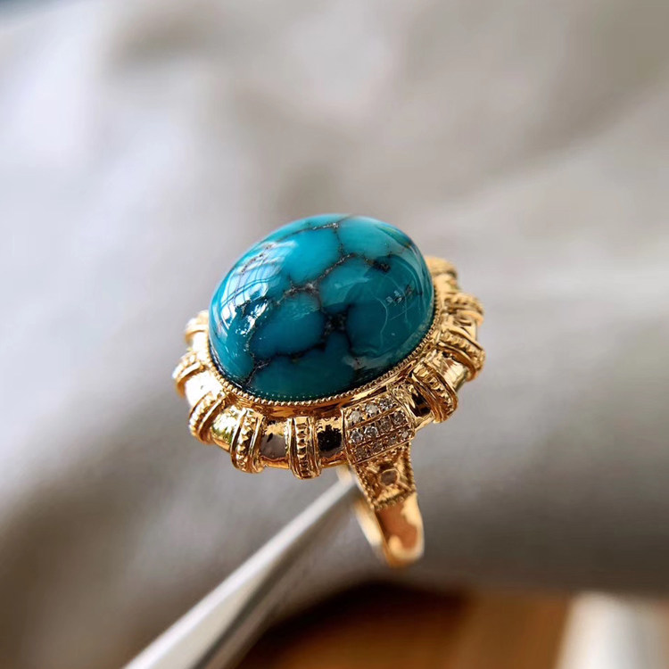 Natural green pine stone ring original mine net flower high porcelain woman with high blue 18k gold inlaid diamond ring