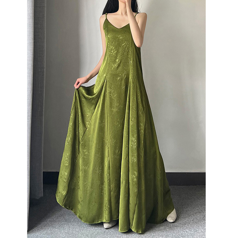 New Chinese-Style Green Satin Printed Slip Dress, Extended Length Floor-Length Dress, Irregular Large Hem Fishtail Dress