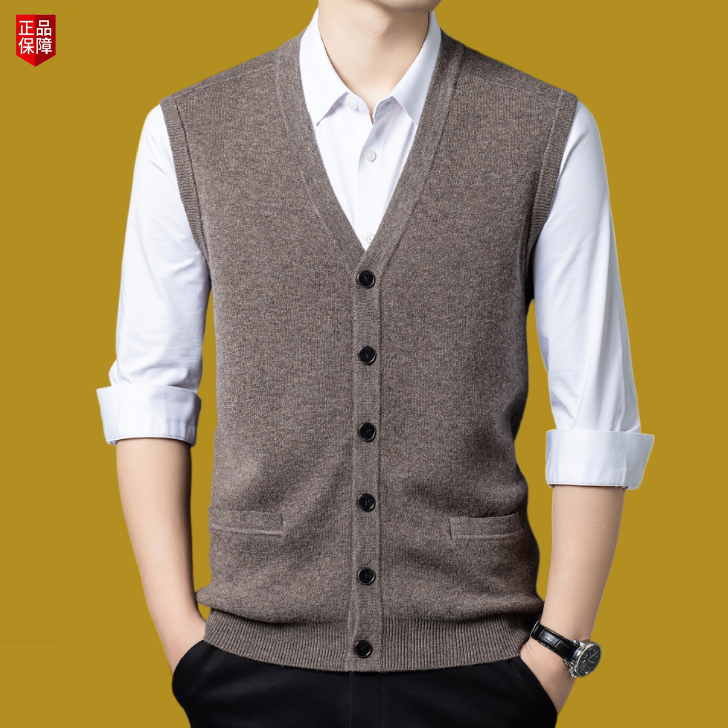 2026 Autumn and Winter New Pure Cashmere Cardigan V Neck Knitted Vest for Men, Middle-Aged and Elderly Dad Wear, Sleeveless Casual Vest