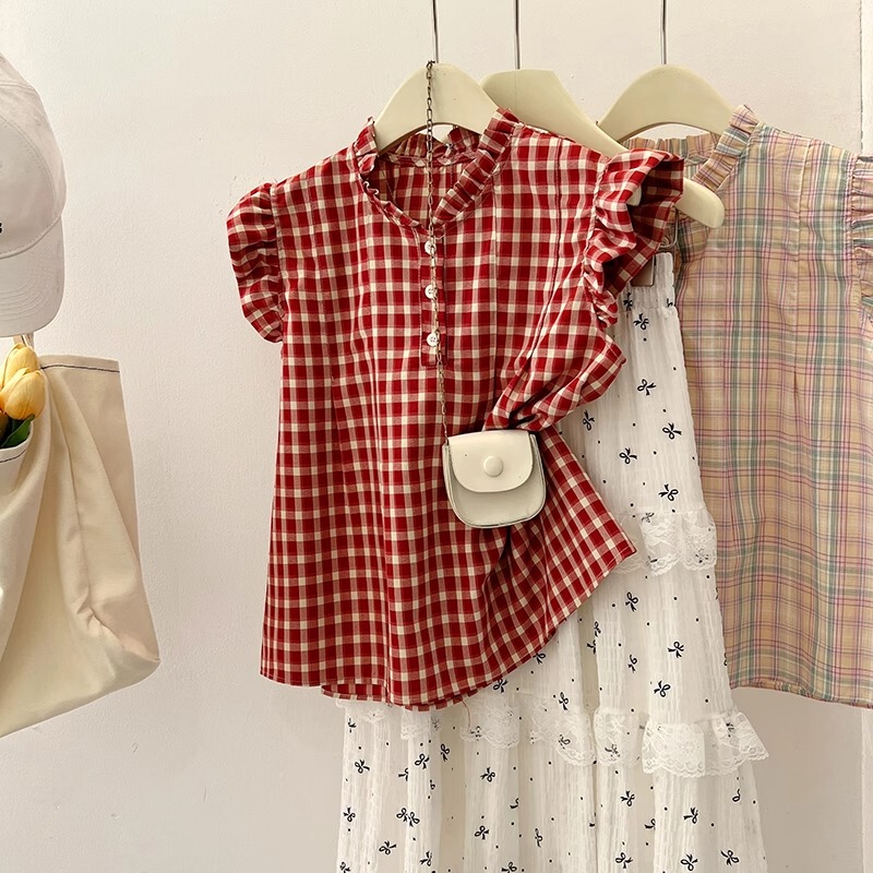 Red Plaid Slimming Sleeveless Shirt for Women 2025 Summer Hot-Selling Plaid Short Flutter Sleeve Vest Top Red Plaid Slimming Sleeveless Shirt for Women 2025 Summer Hot-Selling Plaid Short Flutter Sleeve Vest Top