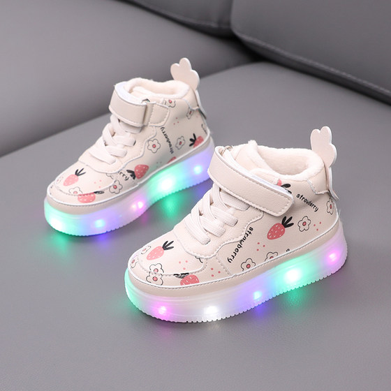 Children's cotton shoes high-top baby light-up trendy shoes 1-3 years old boys and girls plus velvet sports shoes autumn and winter two-cotton casual shoes 2