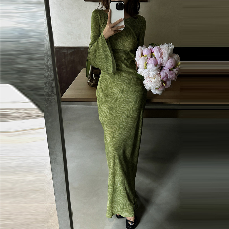 Trendy Summer New Arrivals Retro 100% Silk Bias-Cut Stylish Printed Bell-Sleeve Fishtail Slim-Fit Mulberry Silk Long Dress