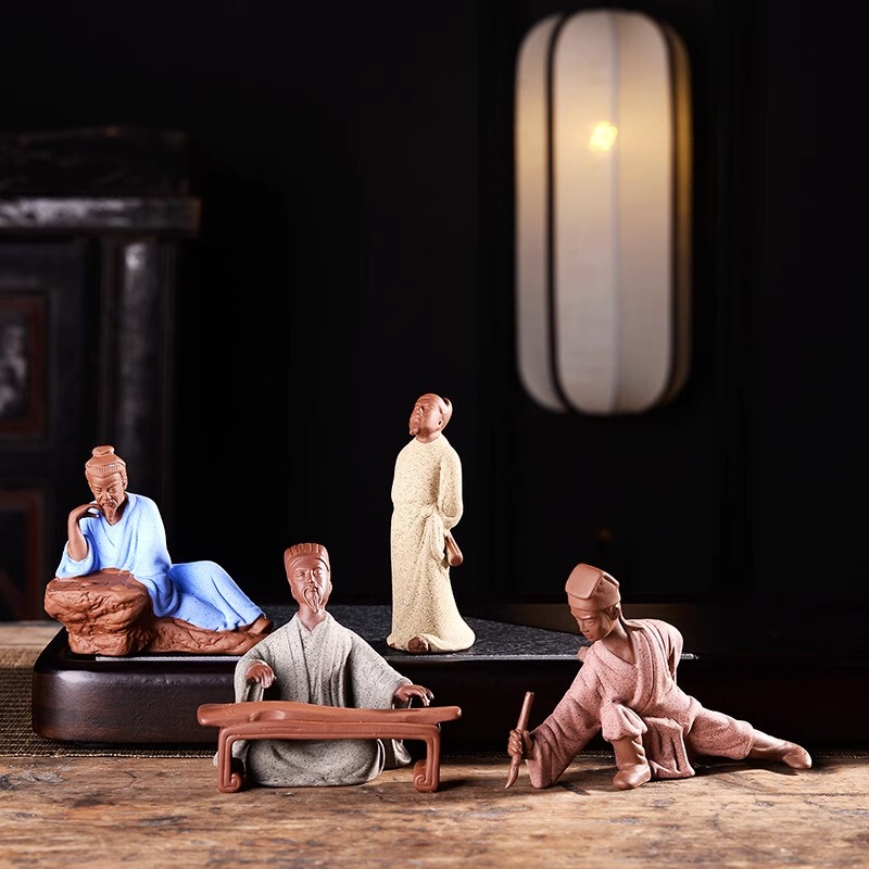 New Chinese-Style Ceramic Ornaments with Zen Themes of Music, Chess, Calligraphy, and Painting, Small Figurines for Living Room, Entrance, Office Desk, Study, and Home Decoration