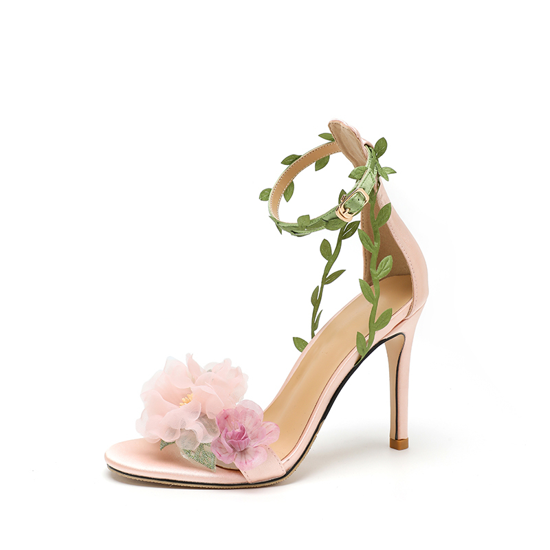 Wedding Shoes 2026 New Style Pink Pastoral Chiffon Flower Dreamy High Heels with Vine Strap Sandals for Women
