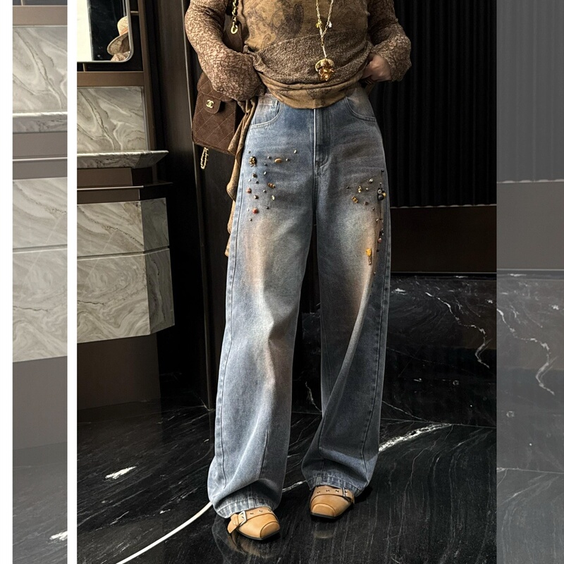 Ye Dafei Ydfstudio Niche High-End Casual European-Style Heavy Beading Color-Blocking Slimming Tie-Dye Jeans Ye Dafei Ydfstudio Niche High-End Casual European-Style Heavy Beading Color-Blocking Slimming Tie-Dye Jeans