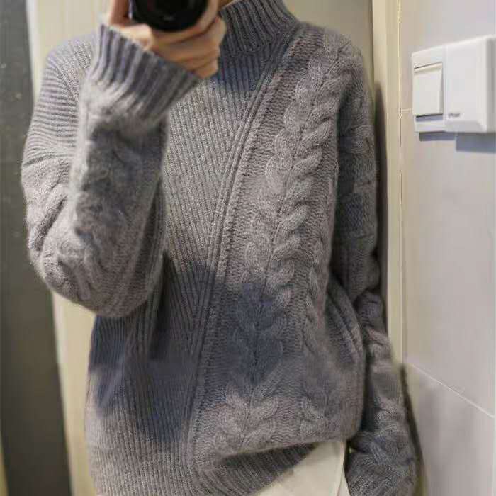 Europe and the United States fan autumn and Winter semi-turtleneck cardigan women's lazy wind thickened short pullover sweater loose knitted base shirt