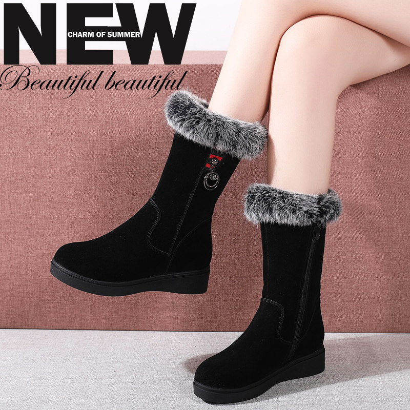 Winter gush snow ground boots women 2021 new flat-bottomed cotton boots thickened genuine leather cotton shoes Rabbit wool warm 100 lap women boots