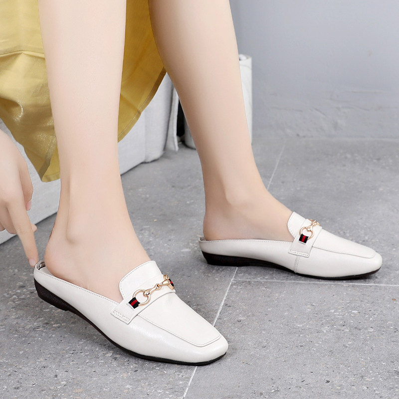 Slippers female outside wearing 2021 new summer flat bottom half trailing genuine leather lazy person Baotou Mueller shoes Soft bottom 100 lap women's shoes