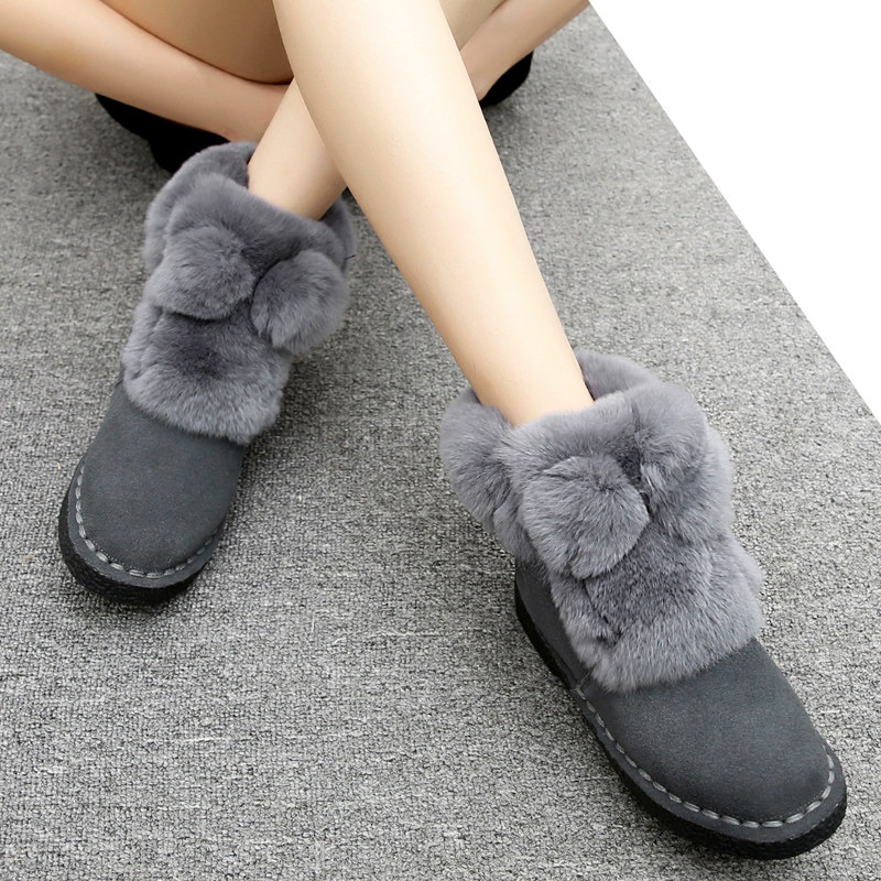 Snow boots women's winter 2022 new Korean version of the leather flat rabbit fur warm plus fleece student women's cotton shoes short boots
